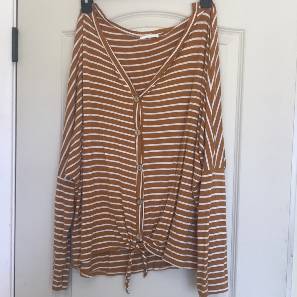 Mustard and white stripe long sleeve tie shirt
